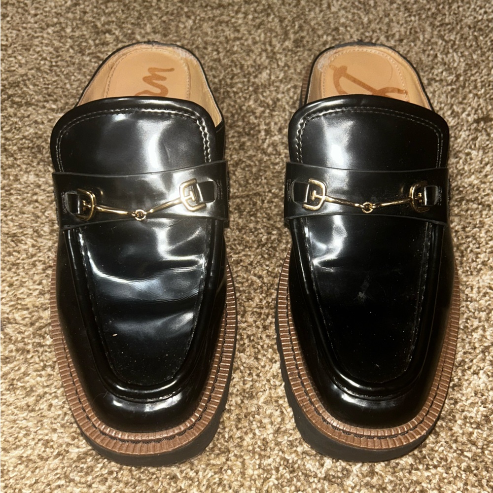 Sam Edelman Black Patent Leather Loafers with Gold Bit